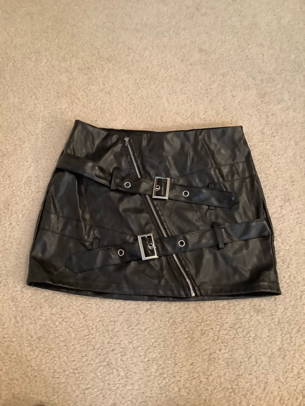 Shein Icon Y2K Black Faux Leather Mini Skirt Slanted Zipper Double Belt MD 6